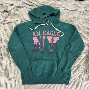American Eagle Hoodie Mens Medium Teal NY Graphic Pullover Kangaroo Pocket Retro